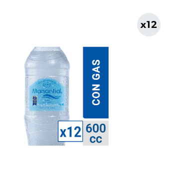12x Agua Purificada Manantial Con Gas Botella 600cc